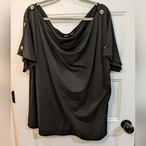 SHEIN Black Drape-Neck Tunic Top with Button Shoulder Detail